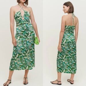 Reformation Antoni Silk midi dress twisted green tropical vacation wear size 6